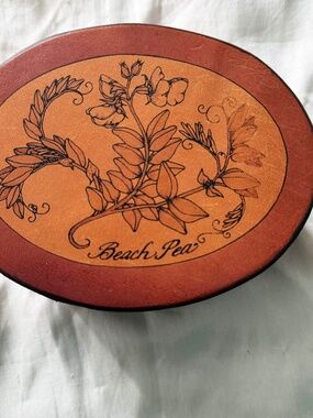 BEACH PEA FLOWERS HANDPAINTED LEATHER BOX WITH LID, TAGS ON, HANDMADE, 6in.W x